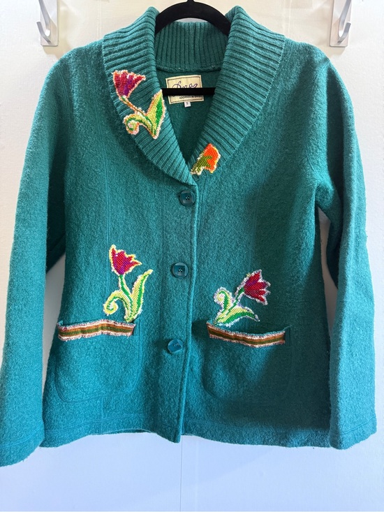 Dara Sweaters - Dara Adorned in Ohio 100% Wool Teal Embroidered Floral Cardigan Size S